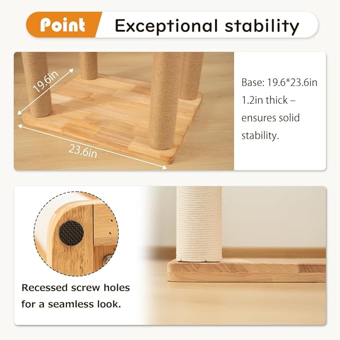 74.8" Wooden Cat Tree Tower for Large Cats, Multi-Level Cat Climbing Furniture with Scratching Posts, Cat Condo & Hammock, Natural Wood Cat Activity Center (White)-Mewly Pet