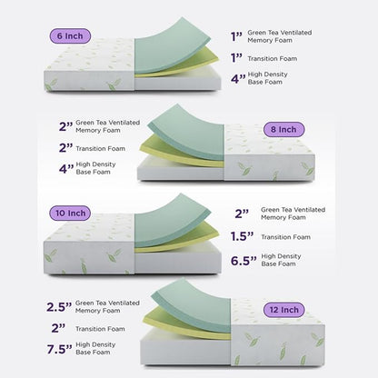 NapQueen Twin Size Green Tea Infused Memory Foam Mattress, 12 Inch, CertiPUR-US Certified