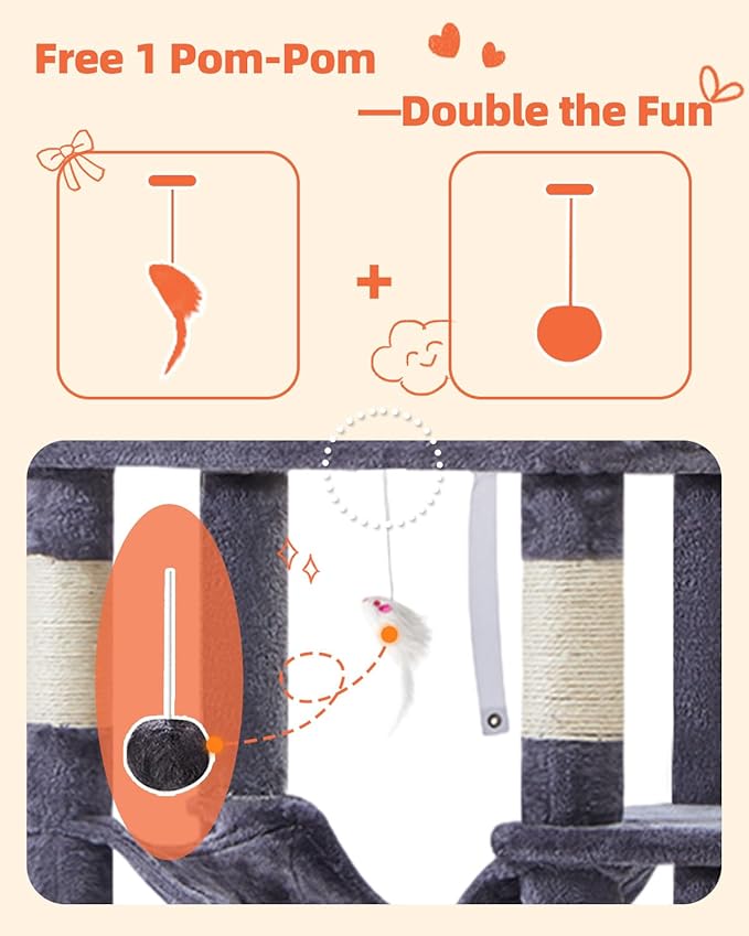Taoqimiao Cat Tree, 66.2-Inch Cat Tower for Indoor Cats, Plush Multi-Level Cat Condo with 7 Scratching Posts, 2 Perches, 2 Caves, Hammock, 2 Pompoms, Smoky Gray MS013G-Mewly Pet