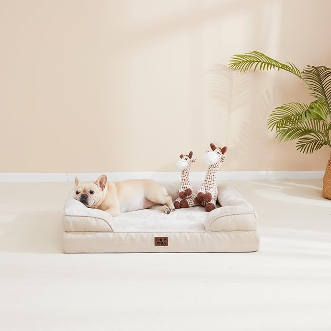 EHEYCIGA Orthopedic Dog Beds for Extra Large Dogs, Waterproof Memory Foam XL Pet Bed with Sides, Non-Slip Bottom and Egg-Crate Foam Big Dog Couch Bed with Washable Removable Cover, Beige-Mewly Pet