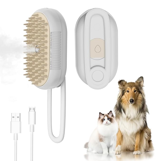 4 in 1 Cat Steam Brush for Shedding，Rechargeable Steam Pet Brush With Rotating Handle for Massaging, Self-Cleaning, and Pet Hair Removal for Long and Short Hair of Cat and Dog （Beige）-Mewly Pet