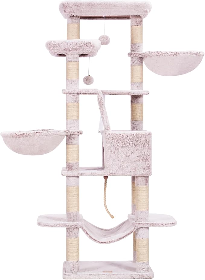 Heybly Cat Tree, 68 inch Multi-Level Cat Tower for Indoor Cats, 2 Widened Plush Perches Cat Condo with Scratching Board and Big Caves, Muchroom HCT025MU-Mewly Pet