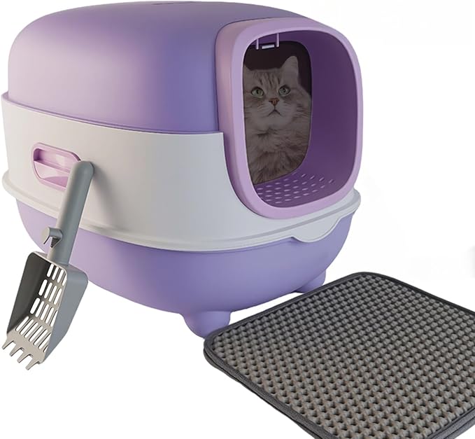 Large Cat Litter Box with Cat Litter Scoop, Foldable Litter Box with Lid, Front Entry and Exit Leak-Proof Litter Cat Box, Odor Control, Easy to Clean (Purple)-Mewly Pet