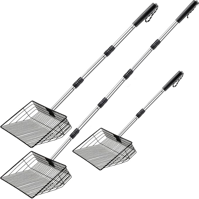 Chicken Poop Scooper, SUVEUS 10 inch Stainless Steel Coop Scoop, Adjustable 32"-67" Long, 5 in 1 Chicken Coops Shavings Shovel, Heavy Duty Sand Sifter Shovel-Mewly Pet