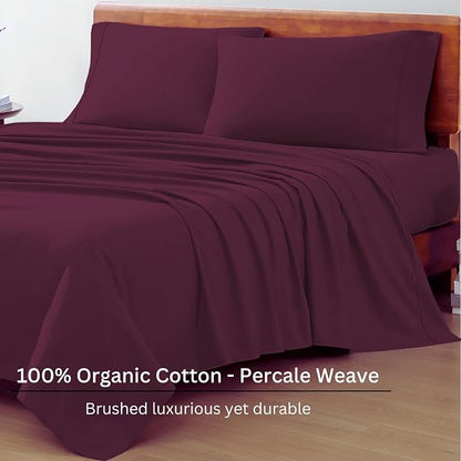 LANE LINEN 100% Organic Cotton Eco Friendly Full Size Bed Sheets, Mercerized Fully Elasticized Cotton Sheets Full, Percale Weave Soft & Comfy Comes in Variety of Colors- Windsor Wine