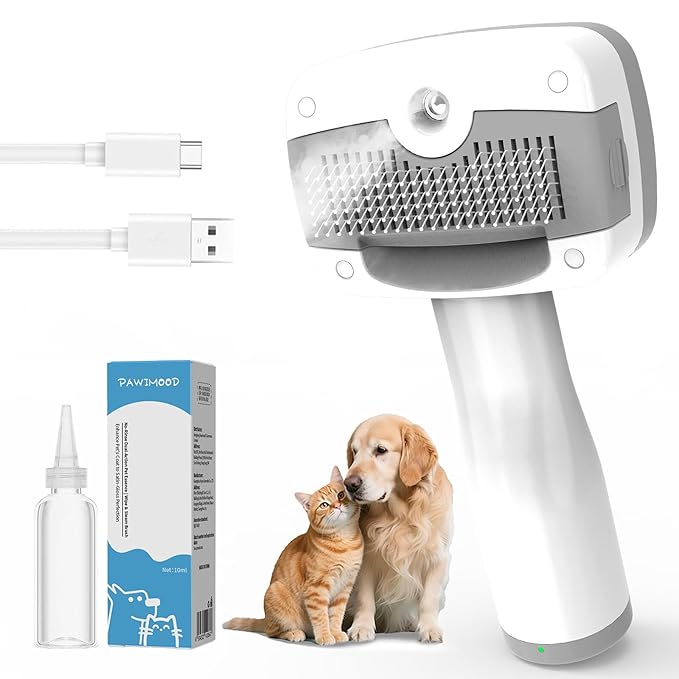5 in 1 Pet Steam Brush for Dogs & Cats – Self Cleaning, 3 Pet Brush for Smoothing, Dematting, Thinning – Shedding, Grooming & Hair Removal, Includes Shampoo & Storage Case (7.2"-pinbrush)-Mewly Pet
