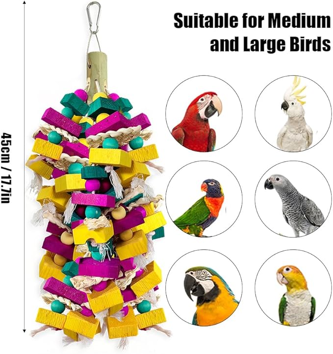 Large Bird Toys, Multi-Color Wooden Block with Bamboo Support Bird Chewing Toy Parrot Cage Bite Toy for Macaws Cokatoos African Grey and Large Medium Parrot Birds-Mewly Pet