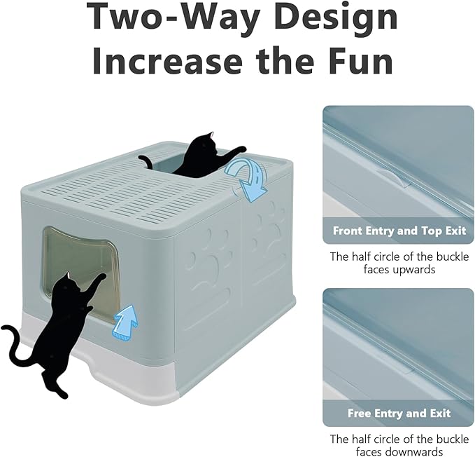 XL Foldable Cat Litter Box with Lid - Jumbo Enclosed Potty - Top Entry Anti-Splashing Toilet - Includes Scoop & 2-in-1 Cleaning Brush (Blue-Mewly Pet