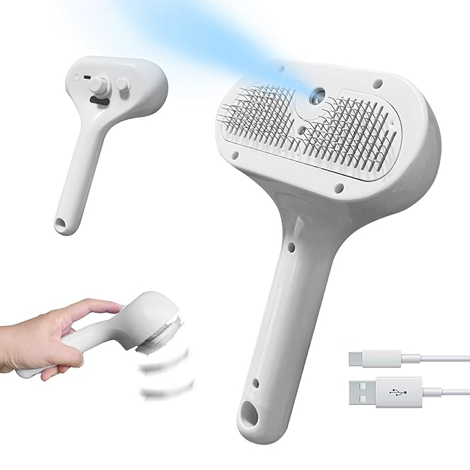 Cat Steam Brush for Shedding, Self Cleaning Cat Brush with Water Spray, 3-in-1 Design for Massage, Hair Removal, and Cleaning, Steamy Brushes for Indoor Cats and Dogs (White)-Mewly Pet