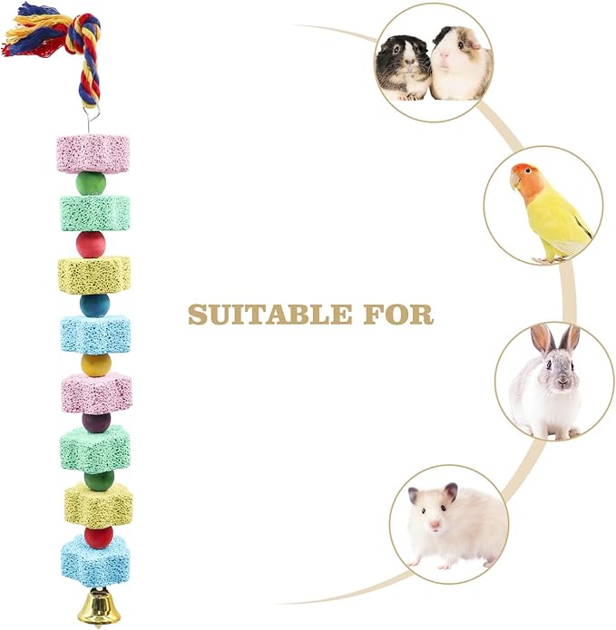 2 Pack Bird Chewing Toy, Colorful Parrot Beak Grinding Calcium Stone with Bells, Cage Accessories for Cockatiels Parakeets Parrots Budgies Lovebirds Rat Hamster Chinchilla Rabbit Bunny African Grey-Mewly Pet