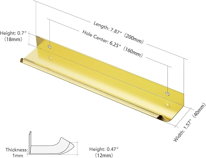 Ravinte Hardware 12 Pack Gold Cabinet Handles, 7.8 Inch (200mm) Finger Edge Pulls, 6-1/4 Inch Hole Center, Finger Pulls for Cabinets
