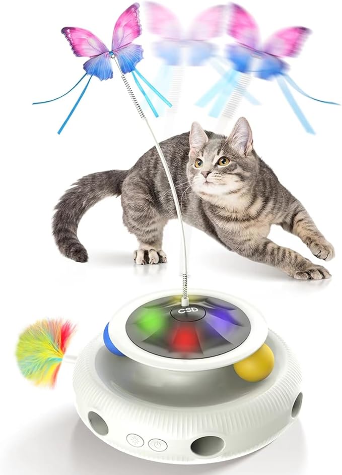 Automatic Interactive Cat Toys for Indoor Cats & Bored Adults - Kitten Toys with Fluttering Butterfly, Ambush Feather & Track Balls - Exercise & Stimulation for Playful Cats (Beige)-Mewly Pet