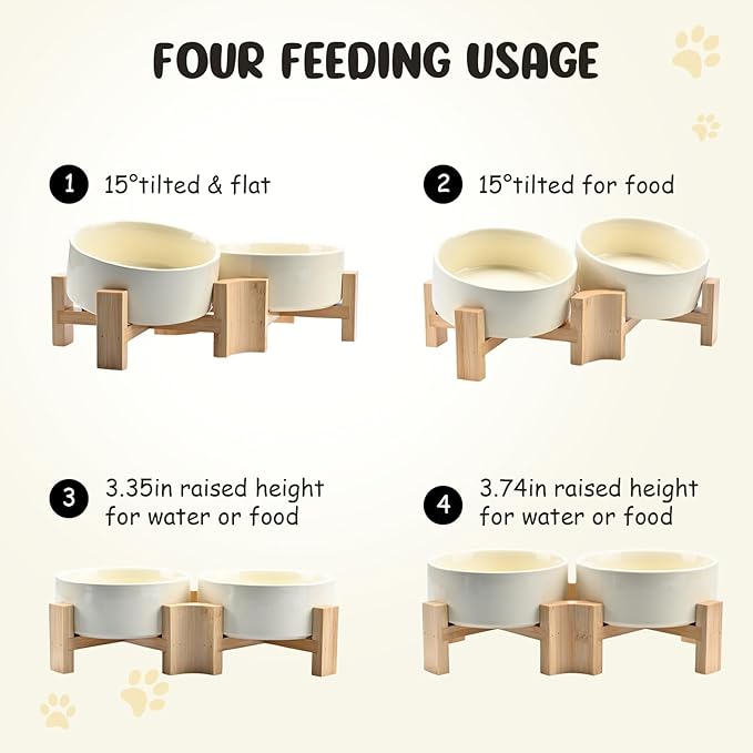 SPUNKYJUNKY 15° Slanted Ceramic Dog and Cat Bowl with Wooden Stand, Tilted Bulldog Food and Water Bowl No Slip Non-Spill for Cats Medium Dogs Big Face Pets 13.5 OZ (1.7 Cups, Beige × 2)-Mewly Pet