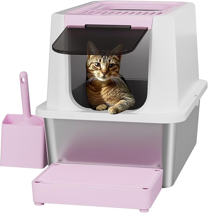 RIZZARI Stainless Steel Cat Litter Box, Odorless Enclosed Litter Box with Top Holes, Large Litter Pan for Small to Large Sized Cats (Dark Pink, 24" L*16" W*18" H)-Mewly Pet