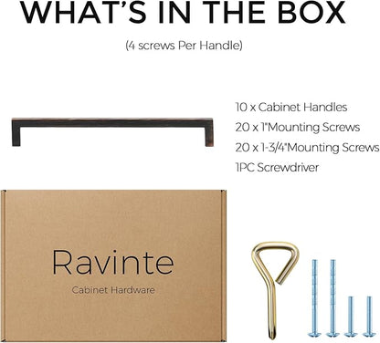 Ravinte 10 Pack Solid Kitchen Cabinet Handles Oil Rubbed Bronze Cabinet Pulls Slim Drawer Pulls with 7-1/2 Inch Hole Center Square Bar Kitchen Cabinet Hardware