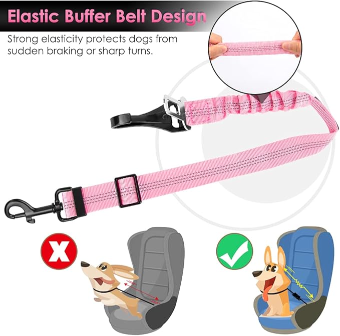 SlowTon Dog Seat Belt, Adjustable Dog Safety Belt Leash, 2 in 1 Latch Bar Attachment Dog Car Seatbelt with Elastic Nylon Bungee Buffer, Reflective Nylon Belt Tether Connect to Dog Harness (Pink)-Mewly Pet