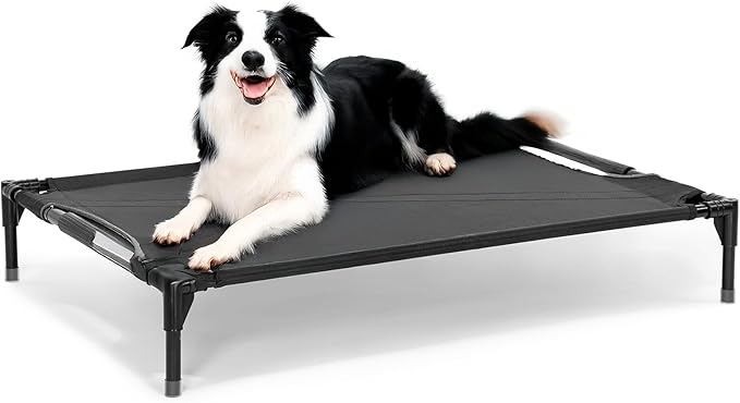 Petsfit Elevated Raised Outdoor Dog Bed - Cooling Elevated Dog Cot, Upgraded Adjustable Firmness Pet Bed，Pet Hammock Bed with Chew Proof Breathable Teslin Mesh，Non Slip, Black 42”-Mewly Pet