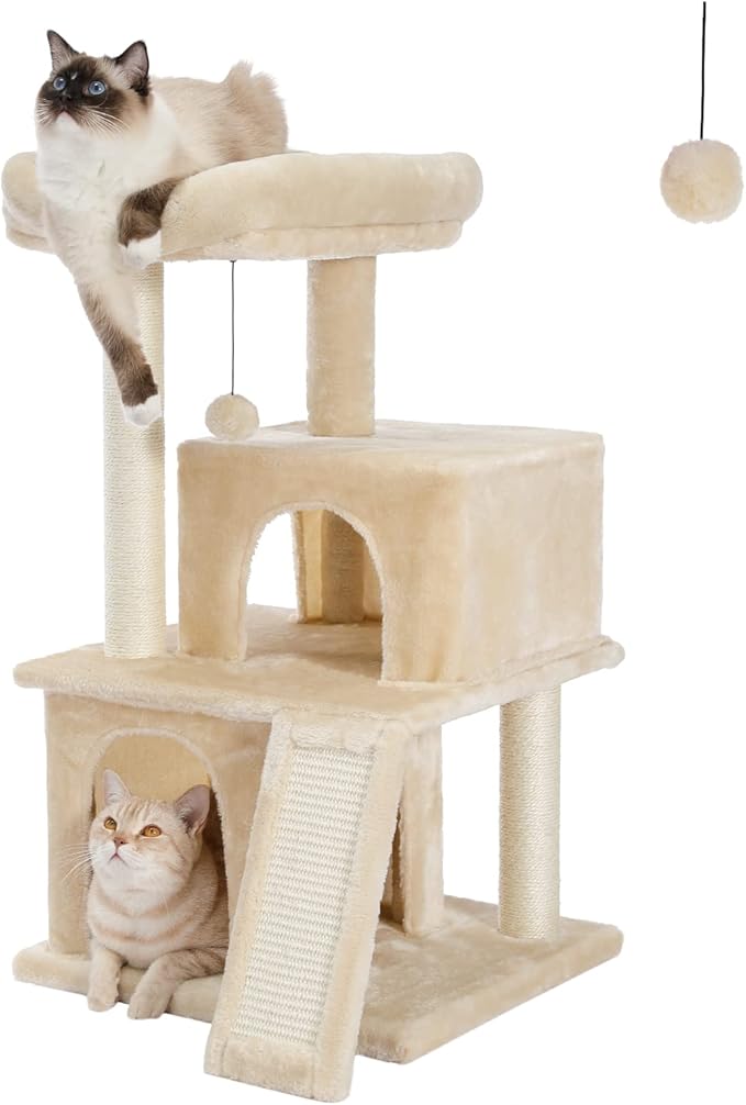 PAWZ Road Cat Tree Luxury Cat Tower with Double Condos, Spacious Perch, Fully Wrapped Scratching Sisal Posts and Replaceable Dangling Balls Beige-Mewly Pet