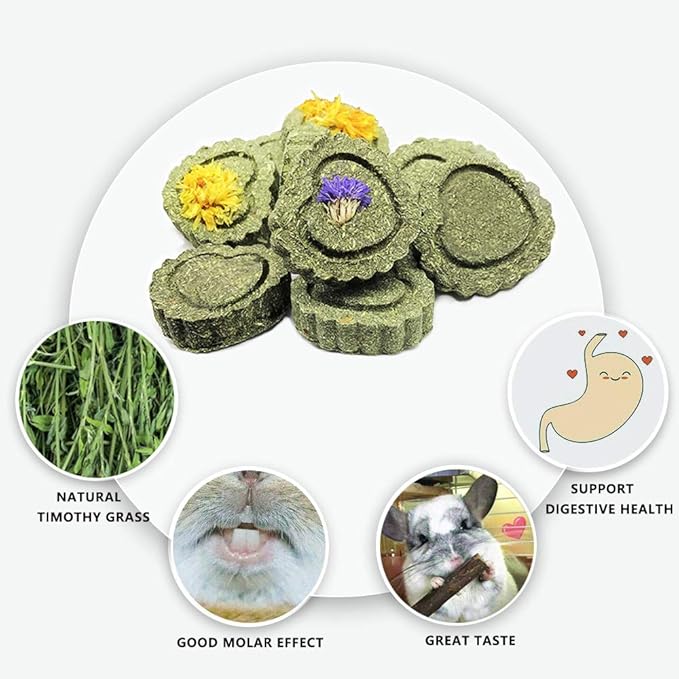 Bunny Chew Toys for Teeth, Natural Pet Chew Toy Hand Made Timothy Hay Cakes for Chinchilla Guinea Pig Hamsters Holland Lop Prairie Dogs Squirrels Gerbils Rabbit Chewing & Molar Teeth, 9.5oz-Mewly Pet