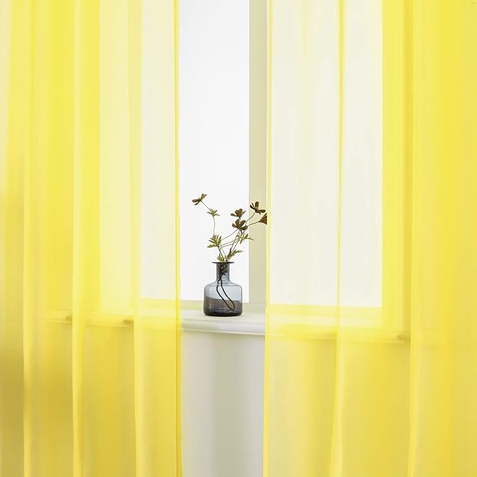 DUALIFE Bright Yellow Sheer Curtains 54 Inch Length for Kitchen 2 Panels Grommet Semi Sheer Short Curtains for Bathroom Small Windows Basement Vibrant Lemon Yellow Wide 52 by L54 Inches Long