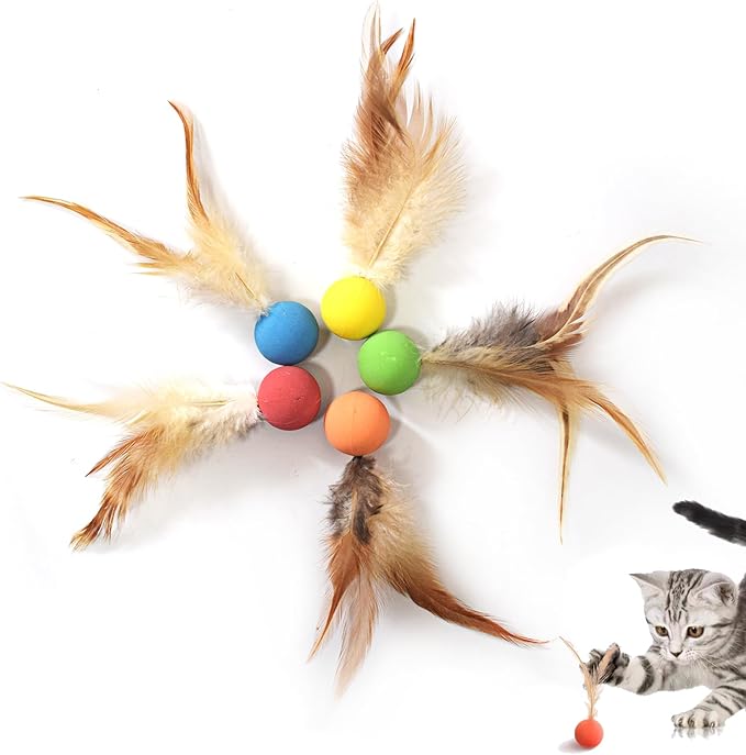 Cat Toy Balls, 5 PCS Colorful Feather Bouncy Balls for Cats No Noise Interactive Kitten Toys Cat Exercise Ball, Safe for Your Kitty (A)-Mewly Pet