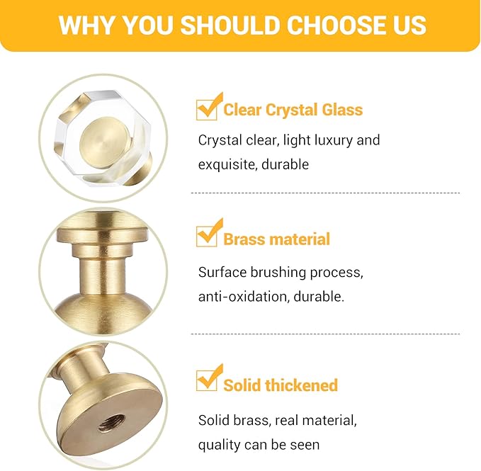 12-Pack 1-1/4-Inch Gold knob Dresser knobs White Cabinet Glass Crystal knobs Brass Drawer Polygonal Dresser Pulls, Drawer pulls