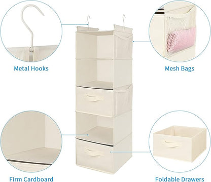 MAX Houser 5 Tier Shelf Hanging Closet Organizer, Cloth Hanging Shelf with 2 Sturdy Hooks for Storage, Foldable (Beige-D2)