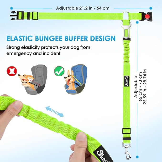 SlowTon Dog Seat Belt for Car, 2 Pack Dog Car Harness Seatbelt Adjustable with Elastic Bungee Buffer, 2 in 1 Pet Car Leash Headrest Restraint Dog Reflective Safety Tether (Lime, Headrest+Clip)-Mewly Pet