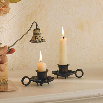 NIKKY HOME Taper Candle Holders with Handle, Set of 2 Rustic Metal Candlestick for Table Centerpieces, Wedding Decor and Dinner Party, Brown
