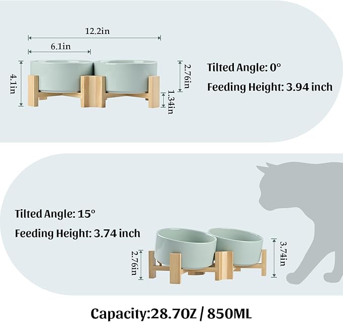 SPUNKYJUNKY 15° Slanted Ceramic Dog and Cat Bowl with Wooden Stand, Tilted Bulldog Food and Water Bowl No Slip Non-Spill for Cats Medium Dogs Big Face Pets 28.7 OZ (3.6 Cups, Morandi Green × 2)-Mewly Pet