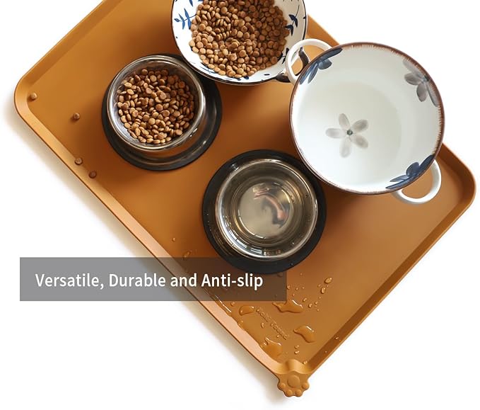 Hoki Found Large Silicone Pet Food Mats Tray - Non Slip Pet Dog Cat Bowl Placemats - Dog Cat Feeding Mat - Waterproof - Butterscotch-Mewly Pet