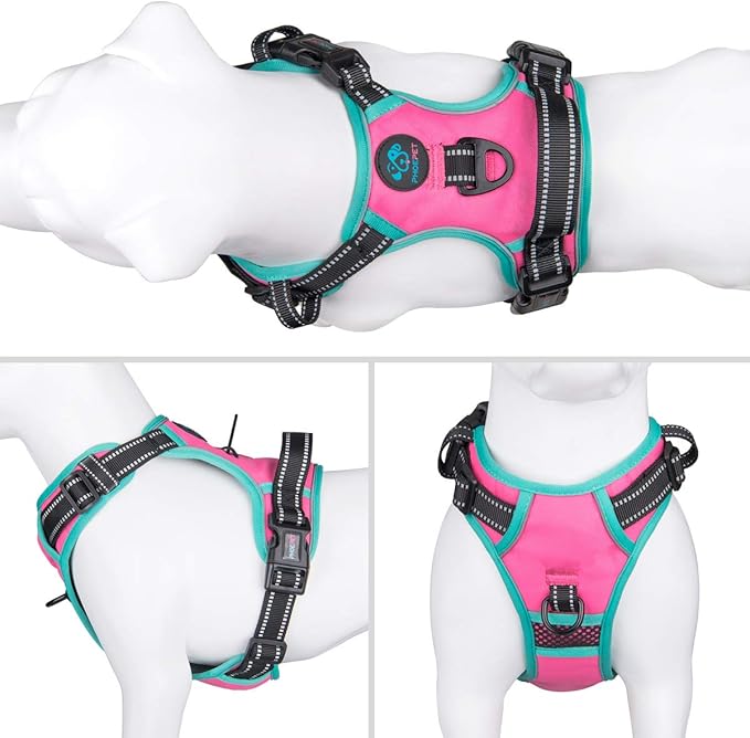 PHOEPET 2019 Upgraded No Pull Dog Harness, Reflective Adjustable Vest, with a Training Handle + 2 Metal Leash Hooks+ 3 Snap Buckles +4 Slide Buckles(XS, Pink)-Mewly Pet