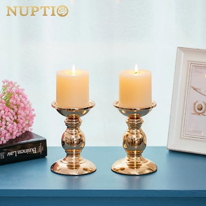 2 Pcs Gold Pillar Candle Holders, Gold Candlestick Most Ideal for 3" Pillar Candles, Gifts for Wedding, Party, Home, Spa, Reiki, Votive Candle (2 x S)