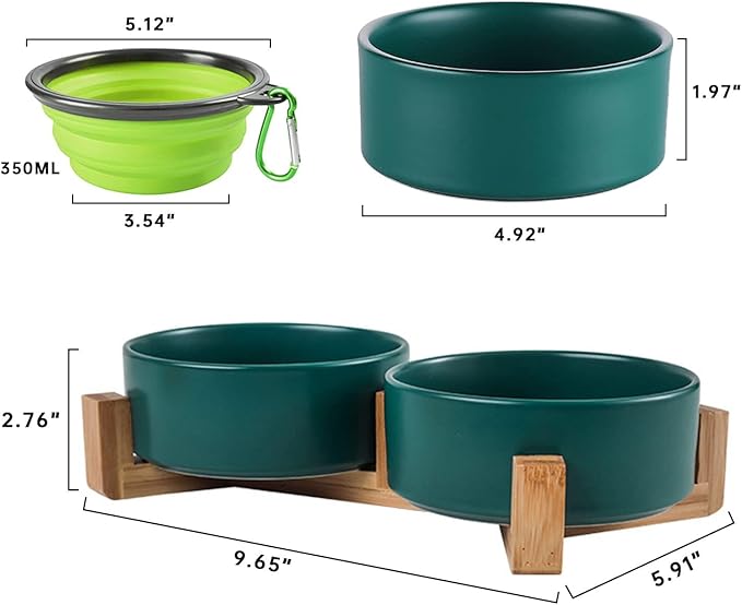 Petygooing Dog Bowls,Green Ceramic Cat Dog Bowl Set with Stand for Food and Water Feeder,Non-Slip Cute Modern Pet Dishes for Cats Small and Medium Size Dogs (28OZ/6.1 in)-Mewly Pet