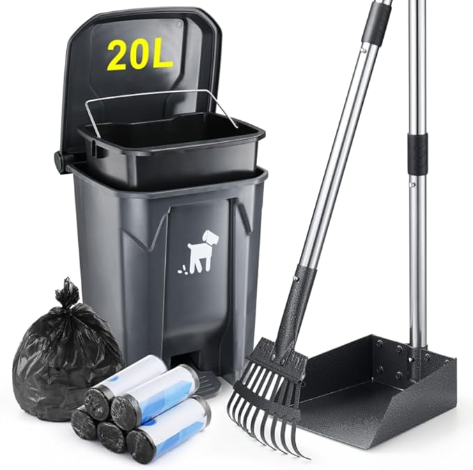 Dog Pooper Scooper, Dog Poop Trash Can Set with Removable Inner Bucket, Long Handle Rake, 150 Waste Bags, Easy Pick Up Poop Scooper, 20L Dog Poop Trash Bin for Small/Large Dog Families-Mewly Pet
