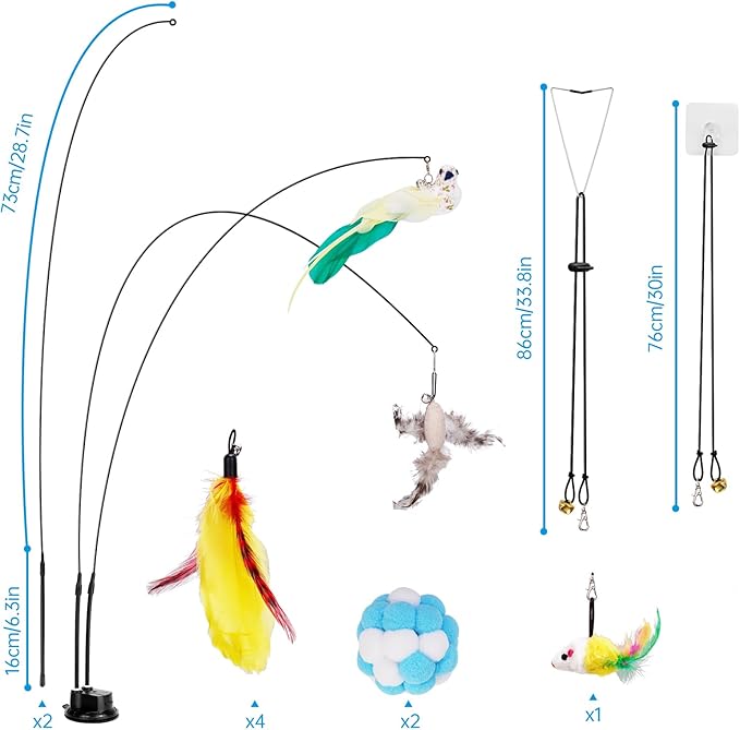 ZooZoo 14PCS Interactive Cat Feather Toy Set for Indoor Cats, Active Play Kit with Door Hanging Toy, Double-Sided Suction Cat Wand with Feathers, Mice & Fur Balls, Encourages Hunting, Jumping, Chasing-Mewly Pet
