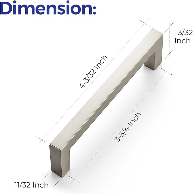 Ravinte 10 Pack Solid 3-3/4 Inch Center to Center Slim Square Bar Drawer Handles Cabinet Hardware - Brushed Nickel Kitchen Pulls