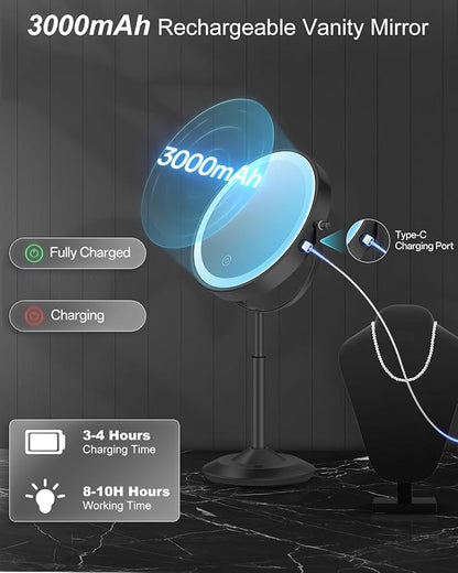 Makeup Mirror with Lights, 1X/30X Lighted Magnifying Mirror Height Adjustable, 3000mAh Rechargeable Double Sided Vanity Mirrors with 3 LED Lighting and Adjustable Brightness for Desk Women Gift