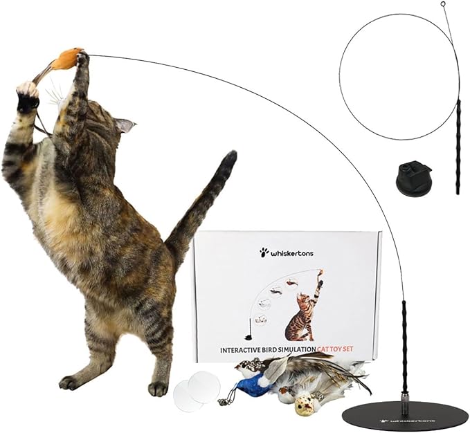 Interactive Bird Simulation Cat Toy Set, Interactive Cat Toy for Indoor Cats, Cat Feather Toy, Suction Cup, Weighted Base, 5 Replacement Birds, Feathers & Bells, Realistic Bird Impression-Mewly Pet