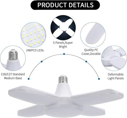 (4 Pack) LED Garage Lights, 60W Trilights Ceiling, High Low Bay Deformable Adjustable 4 Led Light Bulbs 6000LM 6000K, Screw in Tribright Garage Lighting Fixture,CRI80 Daylight