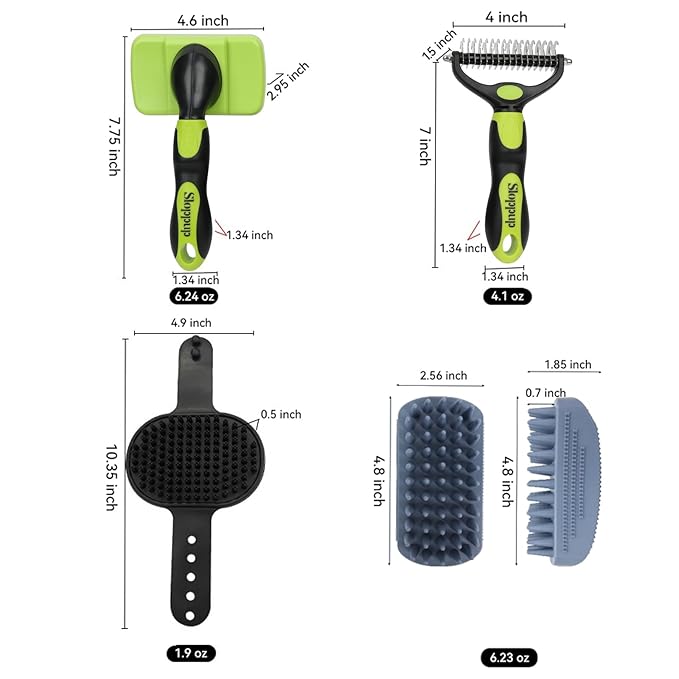 Dog Brush Kit for Grooming Short & Long Haired Dogs & Cats, 4-in-1 Pet Grooming Set with Self-Cleaning Slicker Brush, Deshedding Tool, Shampoo Bath Comb, Massge Comb (Green Black)-Mewly Pet