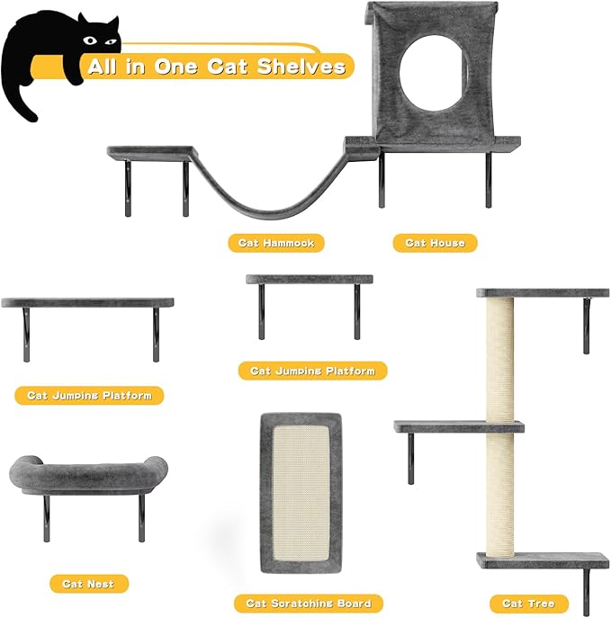 NUNU LAB Wall Mounted Cat Furniture, 6 Pcs Cat Wall Shelves with Condo House, Bridge, Steps, Scratcher, Hammock, Indoor Safe & Stable Furniture for Kittens Play, Dark Gray-Mewly Pet