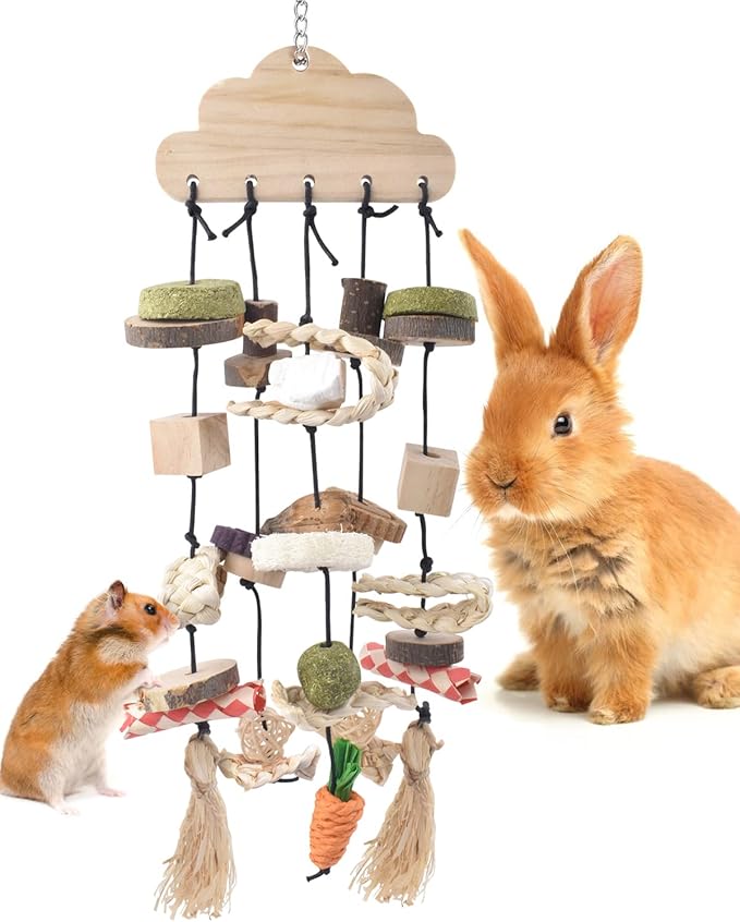 Bissap Rabbit Chew Toy, Bunny Cage Hanging Chew Toys and Treats Wooden with Snacks for Guinea Pigs Chinchillas Hamsters Rats and Other Small Pets Teeth Grinding-Mewly Pet