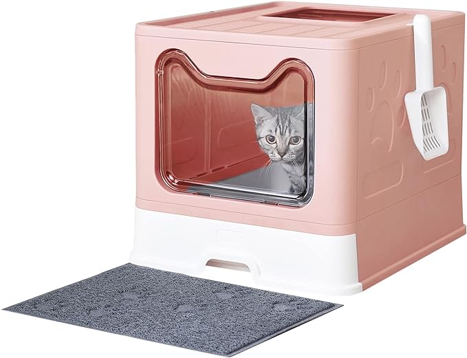Cat Litter Box with Litter Mat and Scoop, Large Foldable Litter Box with Lid, Front Entry Top Exit Kitty Box, Odor Control, Easy to Clean (Pink)-Mewly Pet