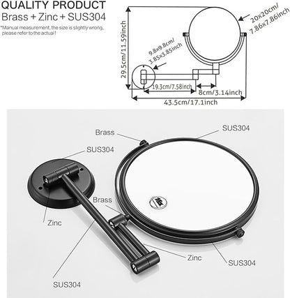 1x10x Magnifying Double Sided Bathroom Mirror 360 Degree Swivel Makeup Mirror Black Adjustable Extension Arm Wall Mount 8 Inch Non-Illuminated Beauty Mirror Shaving Mirror (Round Base)