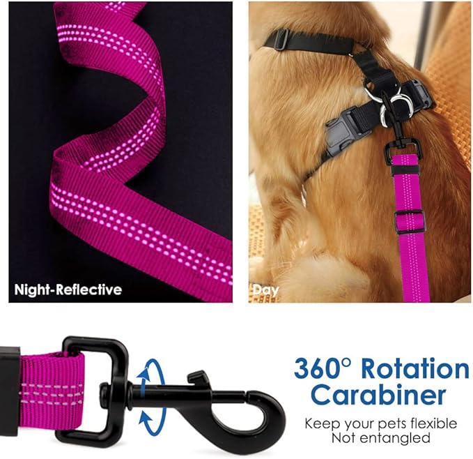 SlowTon Dog Seat Belt, Adjustable Dog Safety Belt Leash, 2 in 1 Latch Bar Attachment Dog Car Seatbelt with Elastic Nylon Bungee Buffer, Reflective Nylon Belt Tether (FU)-Mewly Pet