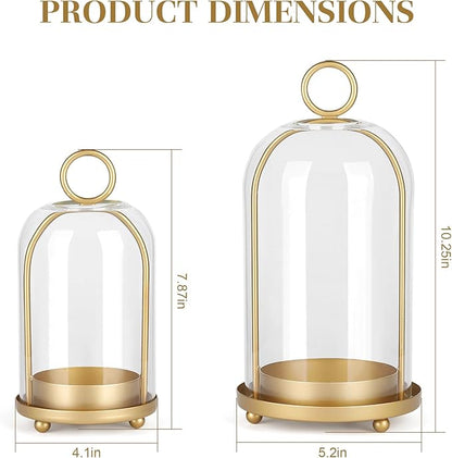 Versatile Metal Candle Holder Set with Handmade Glass Dome,Antique Brass Pillar Candle Stand, 5.2" & 4.1" Wide for Tabletop or Hanging, Industrial & Farmhouse Decor