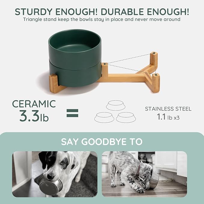 SPUNKYJUNKY Ceramic Dog and Cat Bowl with Wood Stand Non-Slip Matte Glaze Weighted Food Water Set for Cats &Small Dogs 13.5 OZ Green-Mewly Pet