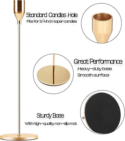 Gold Taper Candle Holder Set of 6, Brass Gold Tall Candlestick Holders, Metal Vintage Candle Stickers Long Holder Set, Pillar Decorative Candle Holder Fits 3/4 Inch Candle