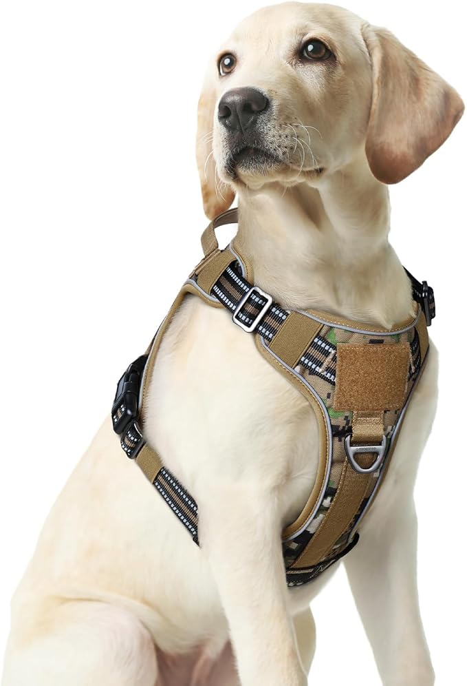 rabbitgoo Dog Harness Medium Sized No Pull, Tactical Service Pet Vest with Molle and Control Handle, Adjustable and Reflective Military Harness for Easy Walking and Training, Brown camo, M-Mewly Pet